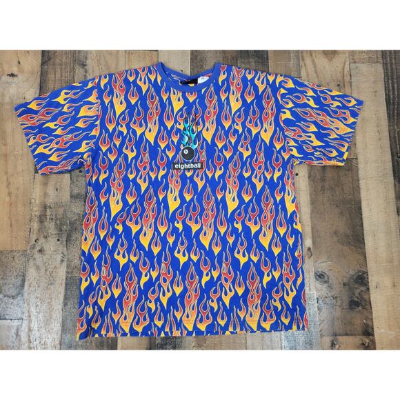 Vintage 90s No Boundaries Eightball All Over Print Fire Flames Skater Mens Large - Picture 1 of 5